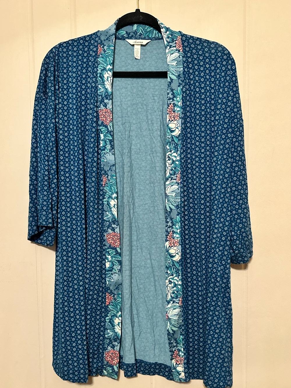 Soma Blue Floral-Trim Open Front Robe
